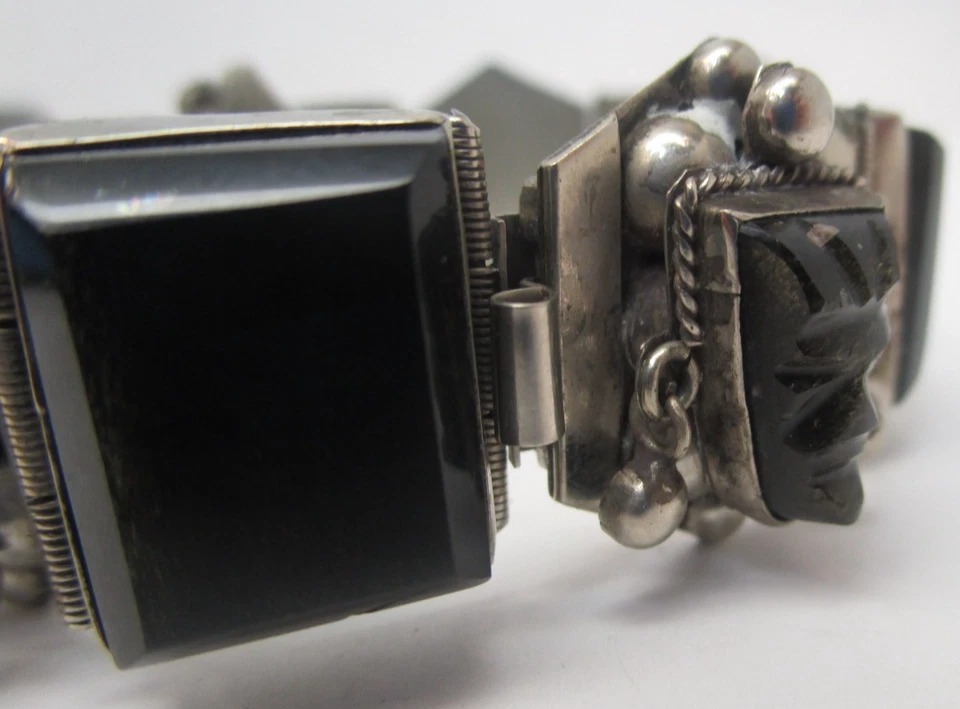 Caras de obsidiana brillantes talladas en plata esterlina de México antiguas firmadas 925 Foto 3 de 4