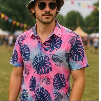 Good  Vibes Tropical Palm Hawaii Button-Up Shirt Men s L Stretch Polyester Retro