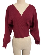 Cozy Co. XS Ribbed Burgundy Sweater Top With V-Neck & Long Sleeves