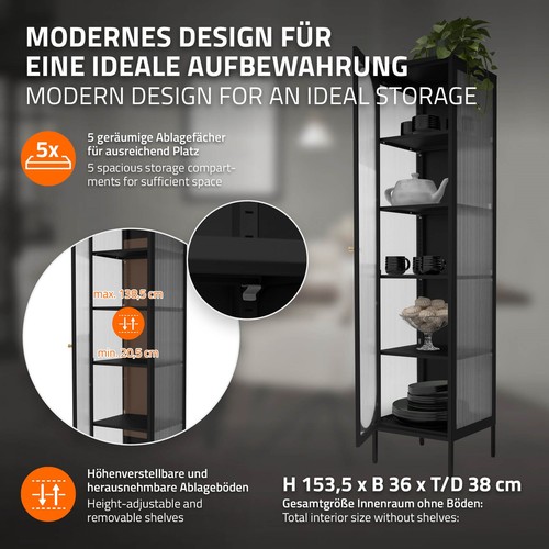 Vitrina negra 42x175x40 cm con 5 estantes y 1 puerta, mueble metálico archivador - Imagen 3 de 9