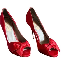 Valentino Garavani Red Satin Bow Accent Stiletto Heel Peep Toe Pumps EU 37 US 7