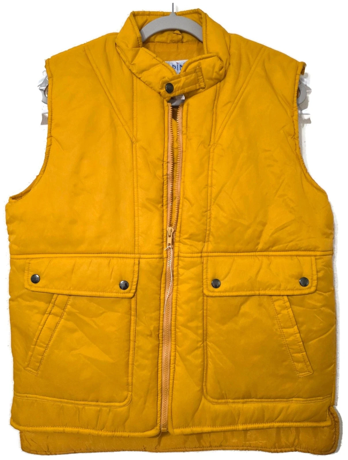 Alpine Ski Vest Mens Medium Vintage 80s Yellow Quilted Puffer Full Zip Snap Ski