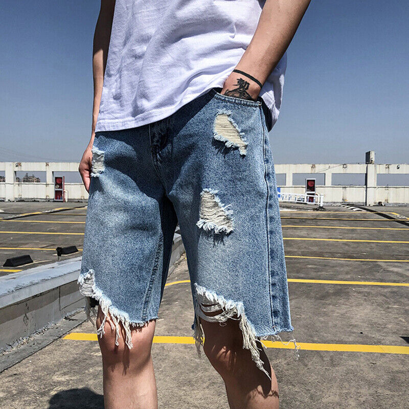 Mens Summer Jeans Denim Shorts Loose Fit Distressed Ripped Half Pants  Frayed