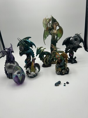 Myth And Legends Emerald Elf Fairy With Two Green Guardian Dragons Figurine Lot