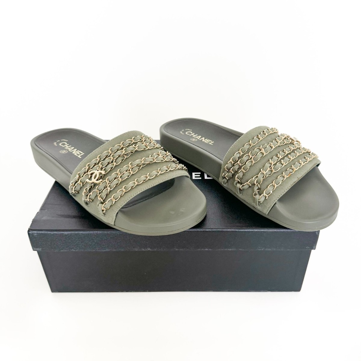 25S CHANEL CCマーク ツイードサンダル チェーンデザイン Chanel CC Chain Slide Sandals EU 42 US 11-11.5 Khaki Green