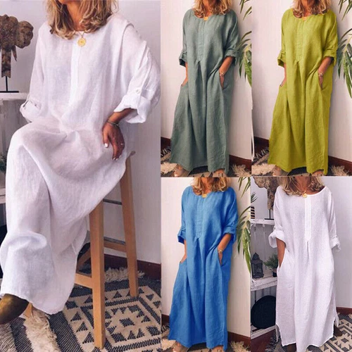 LADIES CASUAL BAGGY DRESS SHIRT LONG LOOSE SLEEVE DRESS KAFTAN MAXI WOMEN - Picture 3 of 21