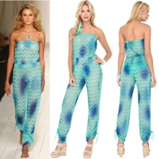 LULI FAMA SIETE MARES Crochet Strapless Jumpsuit Cover Up Size L Blue Multi NEW