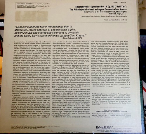 Shostakovich Symphony No 13 Babi Yar Ormandy Philadelphia Vinyl LP RCA LSC-3162 - Imagen 2 de 5