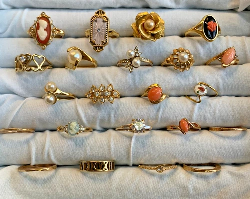 New ListingVtg Ring Lot Gold Plate Costume Jewelry Cameo Camphor Glass Enamel Faux Gems