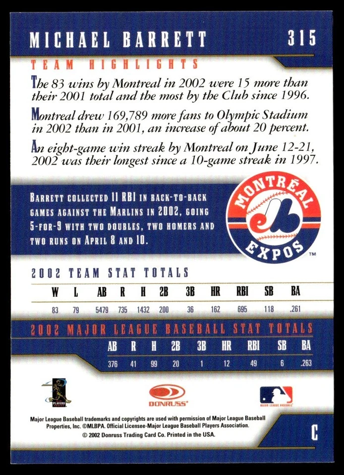 Donruss Team Heroes Chicago Collection 2003 Michael Barrett 5/5 #315 Foto 2 de 2