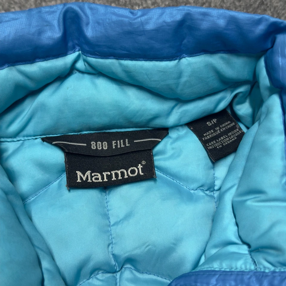 Chaqueta acolchada Marmot 800 Fill para mujer pequeña azul manga larga cremallera completa Foto 2 de 4