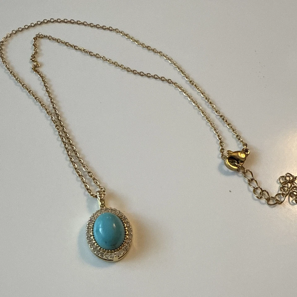 绿松石珠和玻璃石黄色金色链项链和吊坠 16 英寸 — 第 4/4 张图片