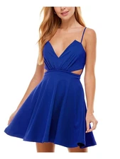 CITY STUDIO Womens Blue Plunge Spaghetti Strap Mini Fit + Flare Dress 17