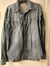 Wrangler Retro Western Shirt Mens XL Blue Blue Denim Chambray Pearl Snap Premium