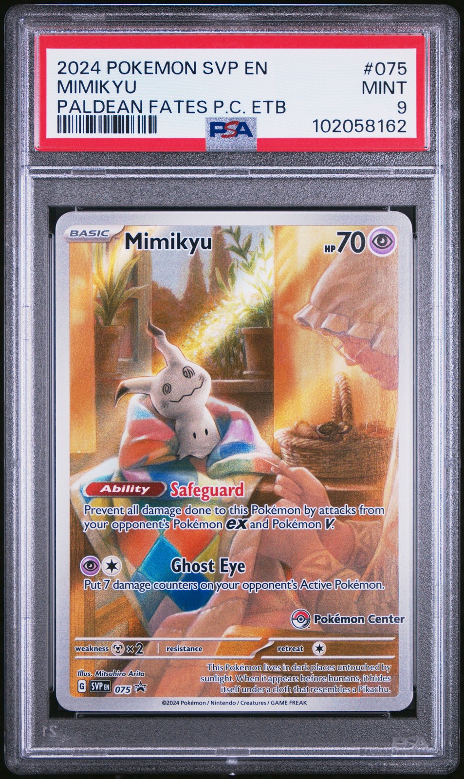 2024 POKEMON SVP PALDEAN FATES POKEMON CENTER ETB PROMO #075 MIMIKYU PSA 9