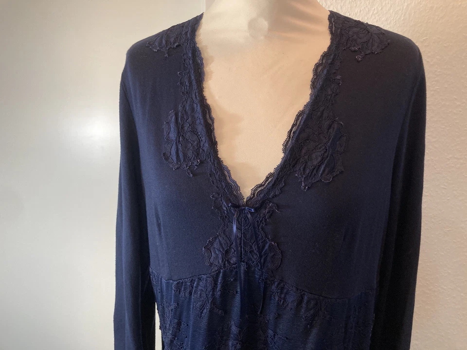 RÖSCH Negligee Nachthemd -kleid edel Spitze blau Baumwolle Gr. 42 Lang Langarm - Bild 2 von 4