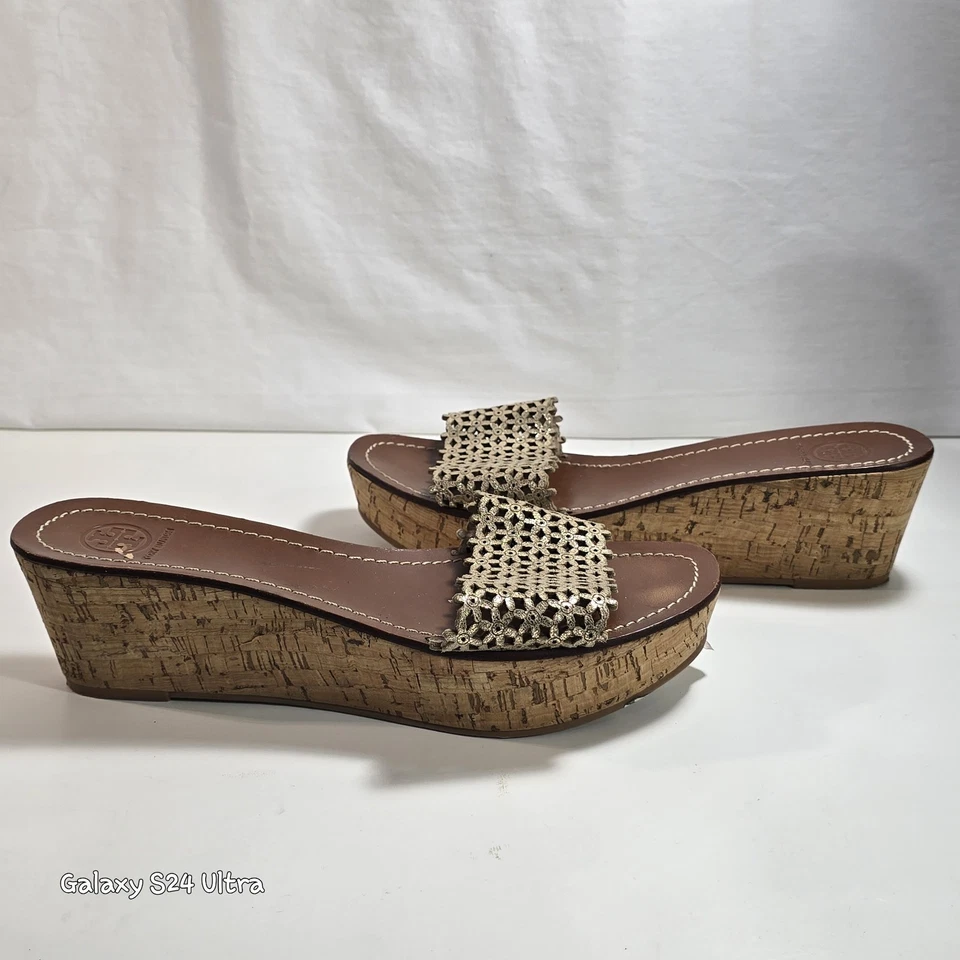 Tory Burch Daisy Gold Metallic Leather Slide Cork Wedge Sandals Sz 9.5 M - Image 2 of 4