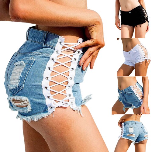 Ladies Distressed Denim Jeans Side Lace 