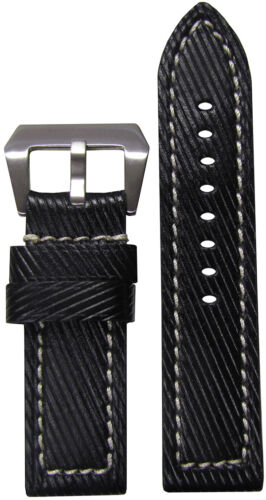 22mm Panatime Black Vivola Vintage Flat Leather Watch Band w/White Stitch 125/75 - Afbeelding 1 van 1