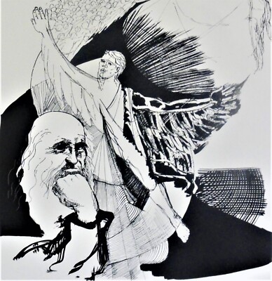 Peter Hirte (XX) leicht surreale Lithographie 1971: HOMMAGE AN LEONARDO DA VINCI
