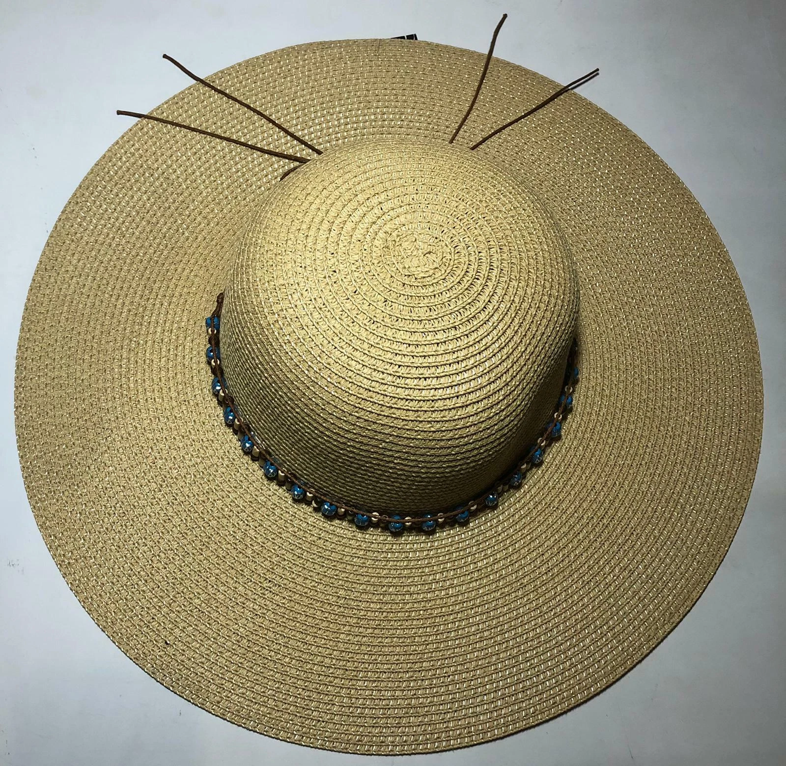 Beach Blue Stones Beads Packable Wide Brim Paper Straw Floppy Women's Hat SPF50