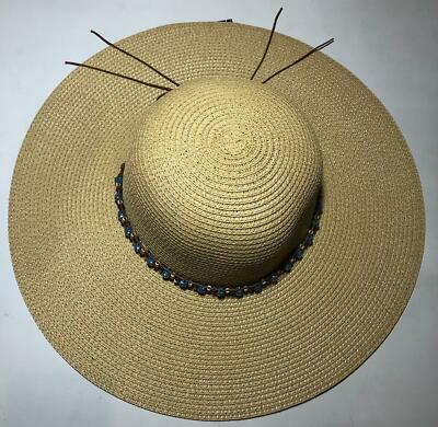Beach Blue Stones Beads Packable Wide Brim Paper Straw Floppy