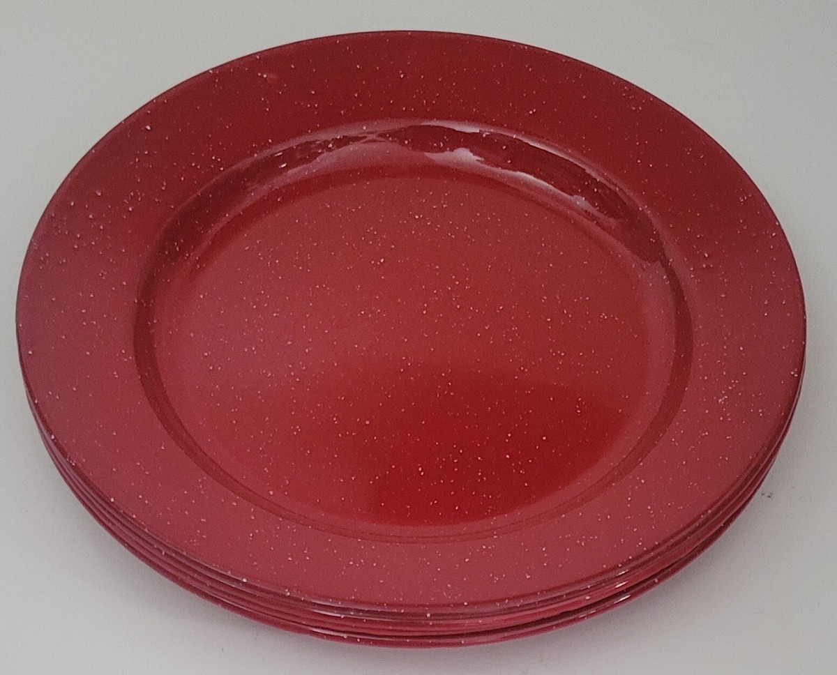 Vintage Enamel Enamelware Red Plates Set Of