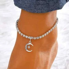 Women Bling Moon Star Chain Anklet Shiny Silver Plated Cubic Zirconia Jewelry