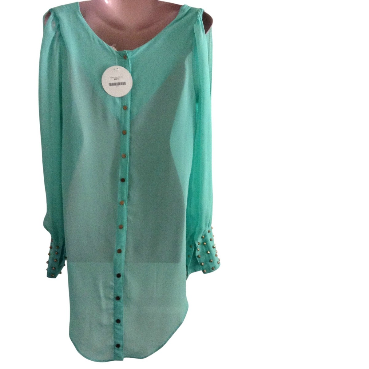 キングダム Double Zero Blouse Women's Size Medium Green Sheer Spiked Cuffs