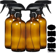 4 pack, Large, 16 Oz, Empty, Amber, Glass Spray Bottles with Black Trigge