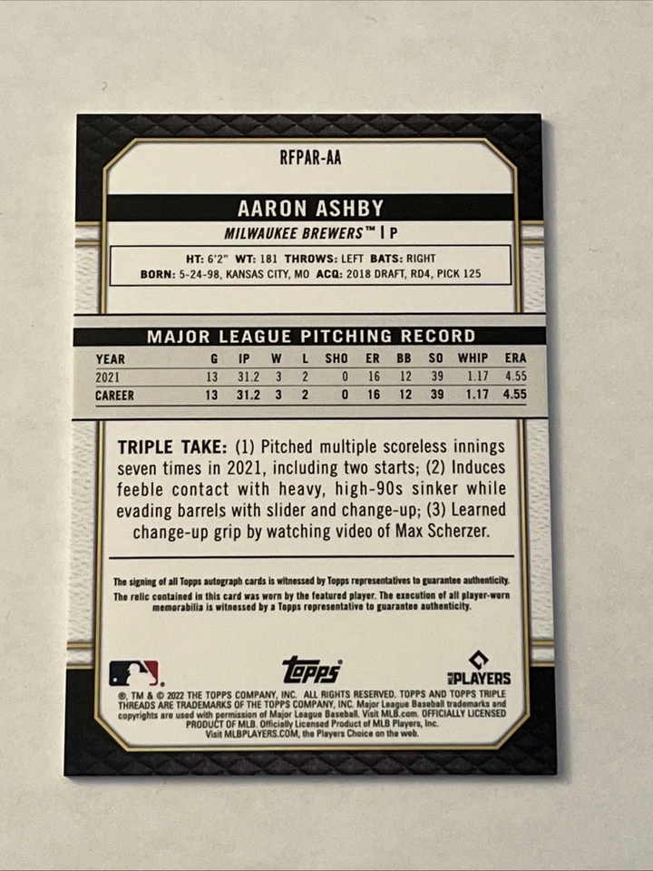 2022 Triple Threads Aaron Ashby Triple PW Rookie Patch Auto Brewers RC /50 - Image 2 of 2