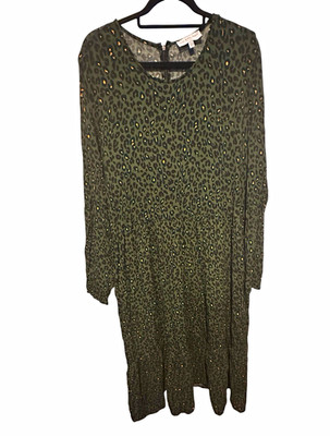 Never Fully Dressed Anthropologie Dark Khaki Green Leopard Print Midi Dress 18