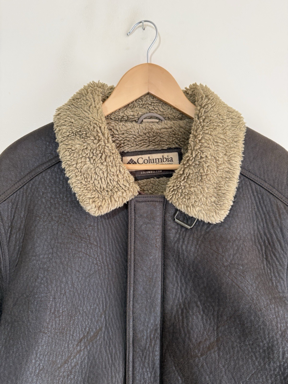 Columbia Rare Aviator Bomber Shearling Brown Leather Style Bomber Jacket Mens L image 2