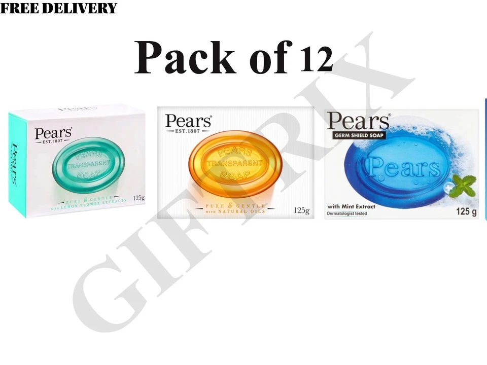 Pears Transparent Soaps Pack of 12 – Lemon, Mint & Natural Oils Gentle Bars x125