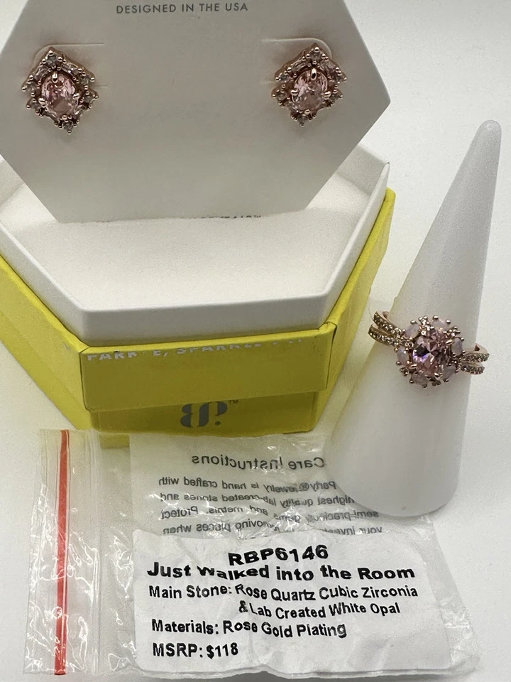 Conjunto de anillo de fiesta bomba talla 7 y pendientes OG cuarzo rosa circonita cúbica chapado en oro rosa Foto 3 de 4