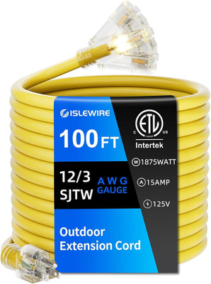 100 FT Outdoor Extension Cord with Multiple Outlets, 12 Gauge Heavy Duty Yellow 