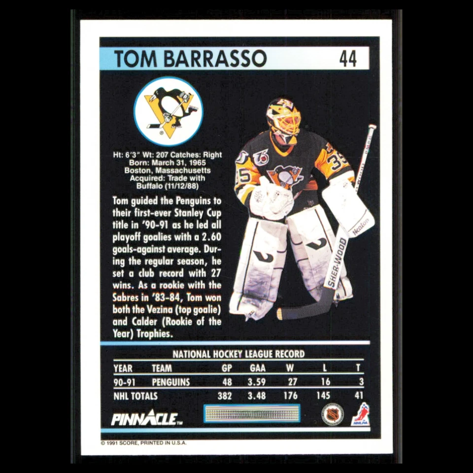 Tom Barrasso #44 1991 Pinnacle Pittsburgh Penguins Hockey Card NHL NM - Image 2 of 3