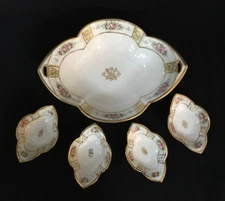 VINTAGE NORITAKI MORIMURA GOLD GILT HAND PAINTED CELERY DISH & 4 SALT CELLARS