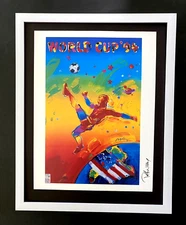 PETER MAX + BEAUTIFUL + SIGNED  SOCCER WORLD CUP USA 1994 PRINT  + NEW FRAME