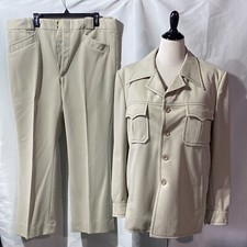 Vtg 60s 70s Women tan khaki Leisure Western Retro Pant Suit Brown Stitching 2 Pc