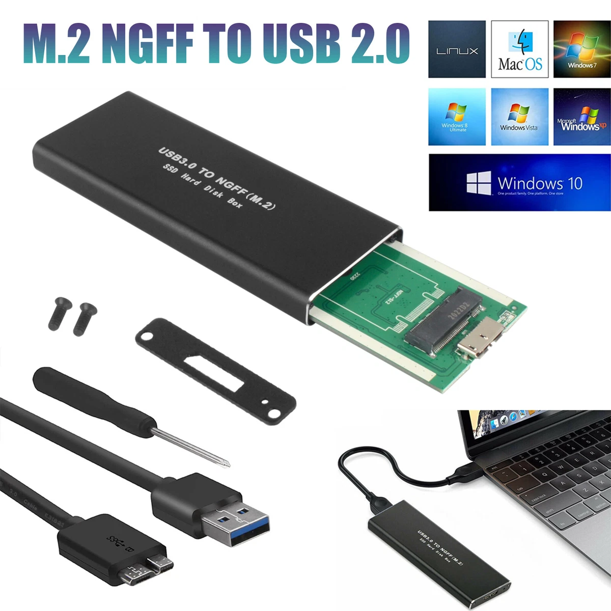 RGBS M.2 SATA Adaptateur USB 3.0 vers disque dur NGFF SSD, boîtier externe  SATA III