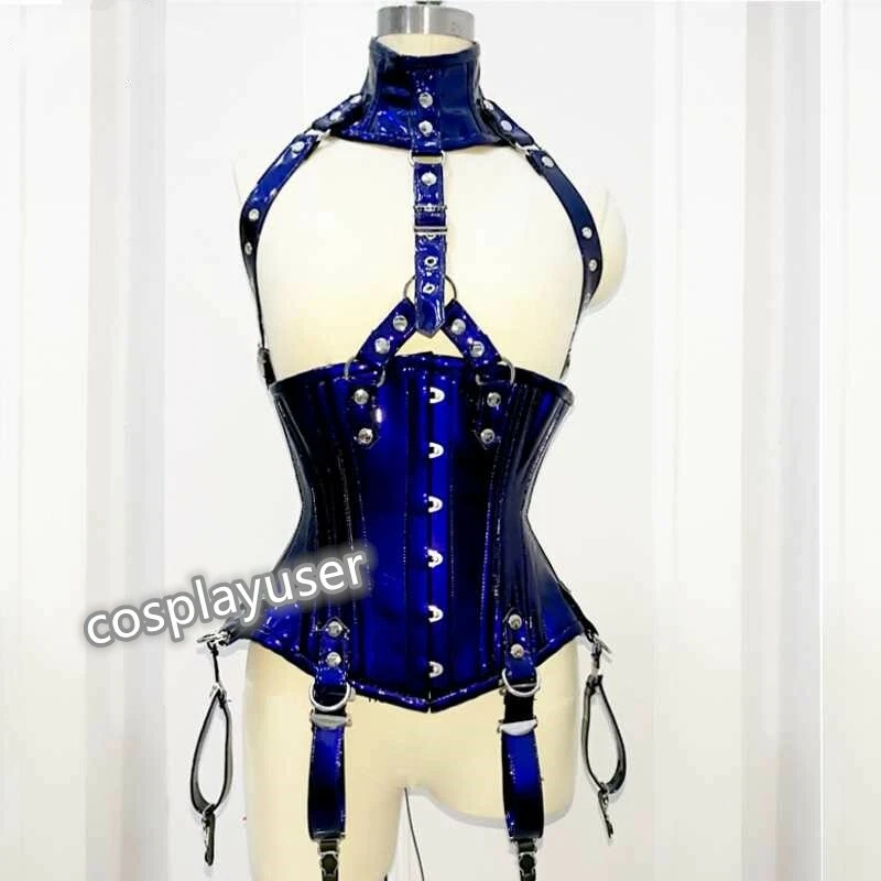 Corsé Azul Personalizable Sexy Acero Hueso Bajo Busto Mujeres Corsé Con Cuello Foto 4 de 4