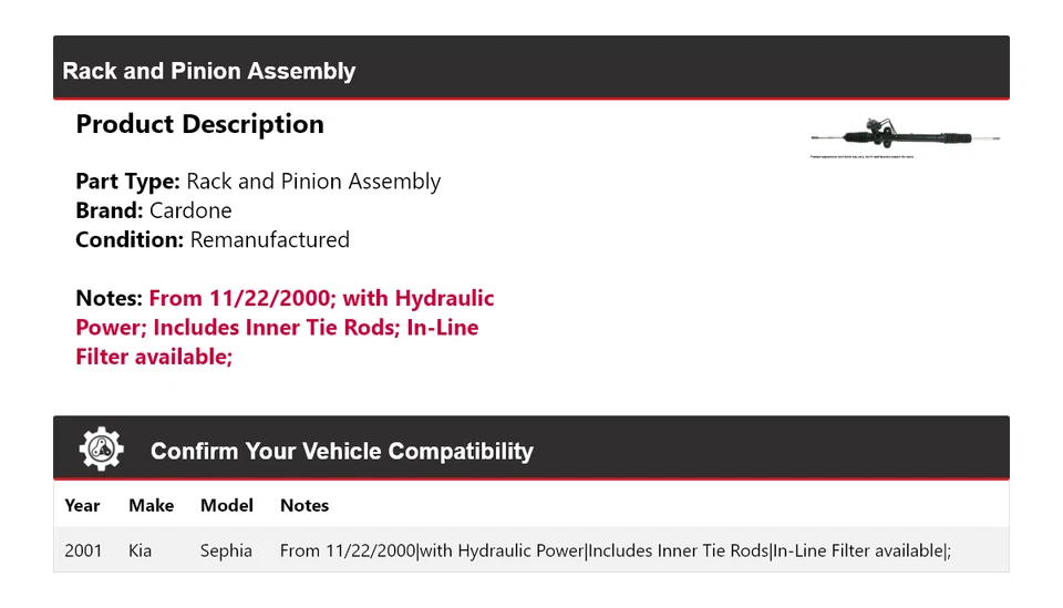 Montaje de piñón y cremallera para Kia Sephia 2001 cartón Foto 2 de 4