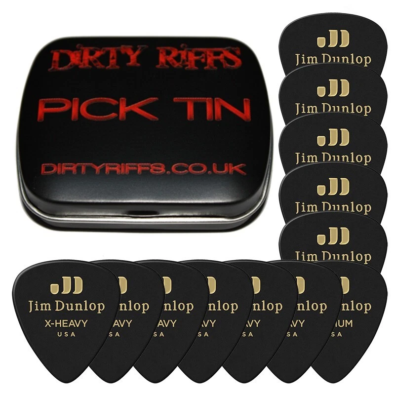 12 x Dunlop Celluloid Black Guitar Picks Plectrums 3 Of Each Size In A Tin - Image 1 of 1