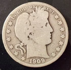 1909-P Barber Half Dollar US 90% Silver Coin Fifty Cents 50c FREE SHIPPING