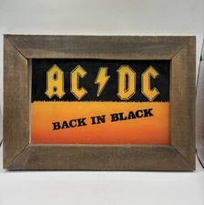 Vintage AC/DC Wood Framed Carnival Prize Glass Mirror Wall Art Back In Black