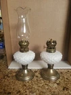 (2) VINTAGE 9.5" DIAMOND CUT MILK GLASS WHITE HURRICANE OIL LAMPS 1 W/ Globe