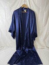 Vintage Sears Inner Most Blue Satin Long Robe Embroidered Floral Women Small