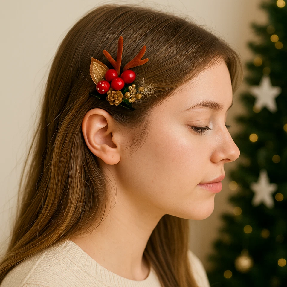 Pinzas para el cabello de cuerno de reno de Navidad de 2 piezas para niñas vacaciones cabello lindo Foto 3 de 4