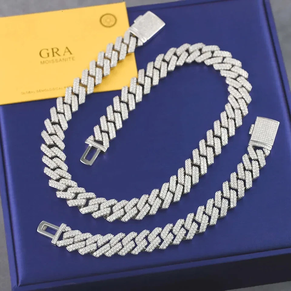 Pulseira cubana banhada a ouro branco moissanita corrente de elos cubana 15 mm de largura 2 fileiras - Imagem 4 de 4